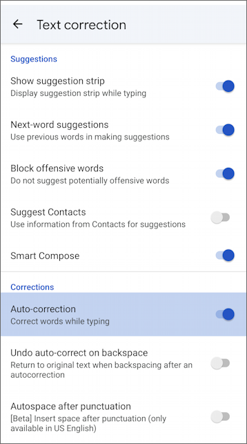 android settings auto-correction - spelling - gboard