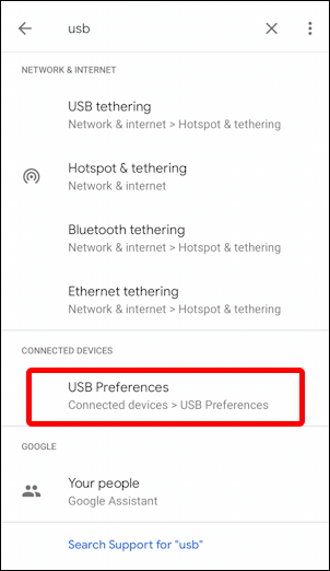 android settings - search for usb