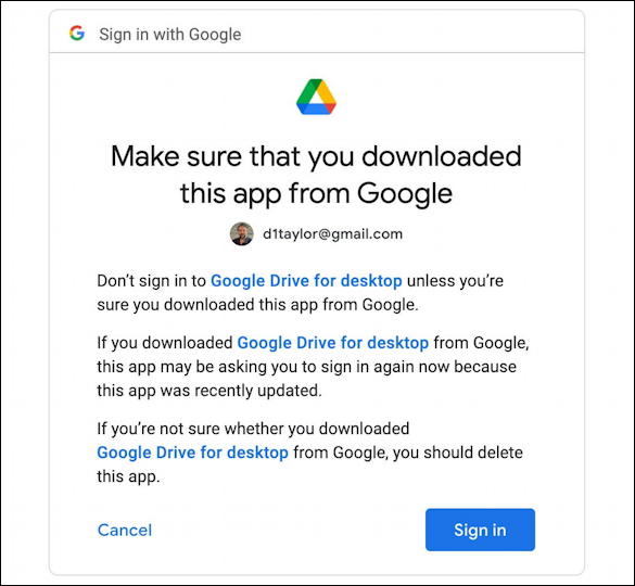 google drive for desktop - mac macos - make sure app is from google