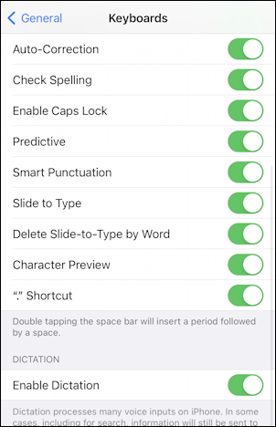 iphone ios settings > auto-correct settings preferences