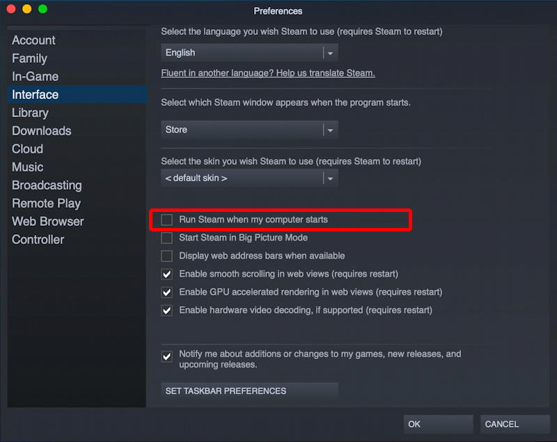 mac macos 11 - steam - preferences profile settings - stop automatic launch