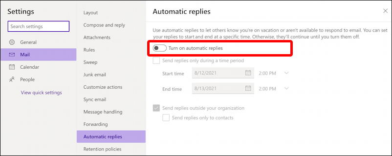 microsoft.com - settings preferences - automatic replies - disabled off
