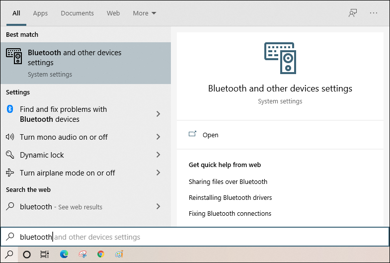 win10 taskbar search - bluetooth