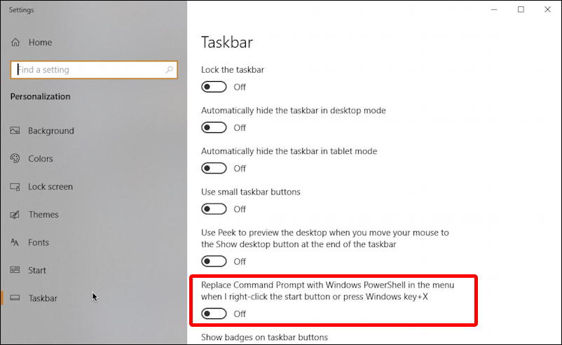 windows 10 win10 taskbar settings preferences options - powershell