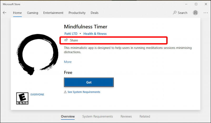 windows microsoft store - mindfulness timer app with share link