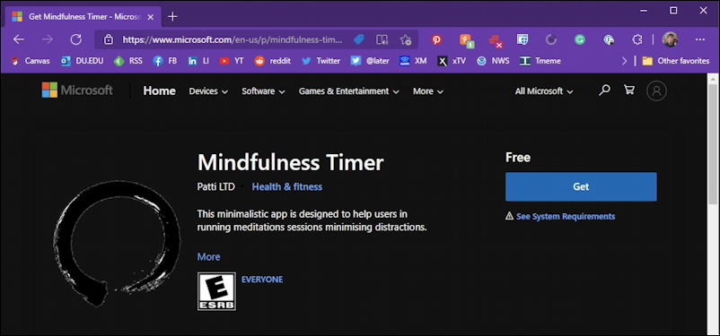 windows microsoft store - app info shown in web browser edge mindfulness timer