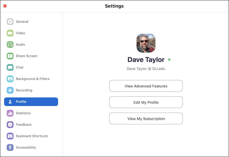 zoom on mac - settings - profile