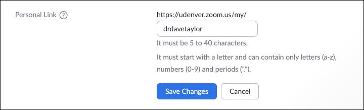 zoom online web  - advanced settings - profile - personal link - customize - askdavetaylor