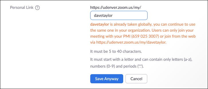 zoom online web  - advanced settings - profile - personal link - customize - global duplicate davetaylor