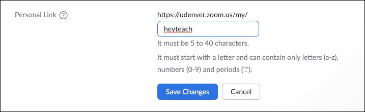 zoom online web  - advanced settings - profile - personal link - customize - heyteach