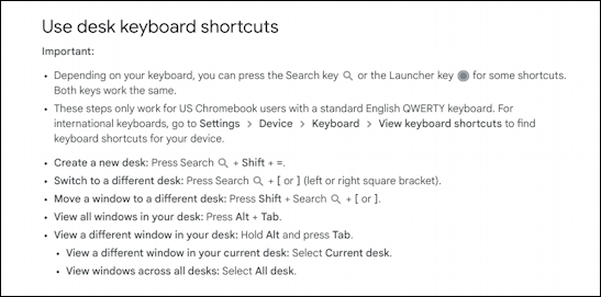 chromebook chromeos virtual desk - keyboard shortcuts