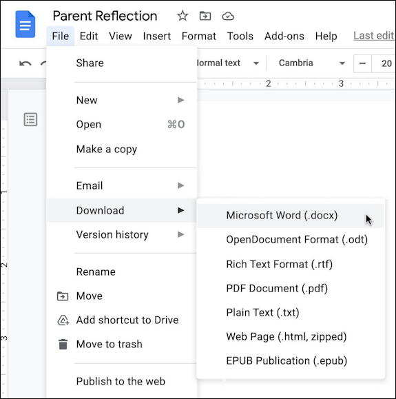 google docs drive open word file - export save download file