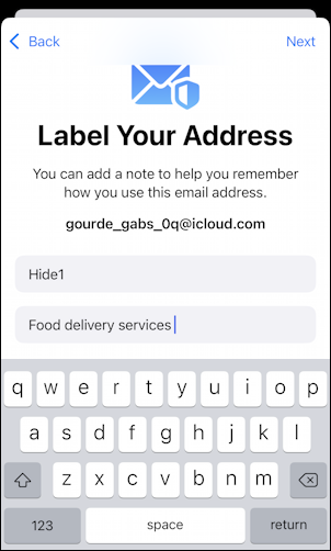 iphone ios 15 - icloud settings - hide my email - labelled
