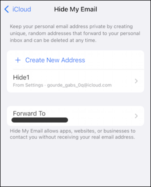 iphone ios 15 - icloud settings - hide my email - list of addresses in use