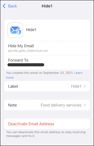 iphone ios 15 - icloud settings - hide my email - info delete