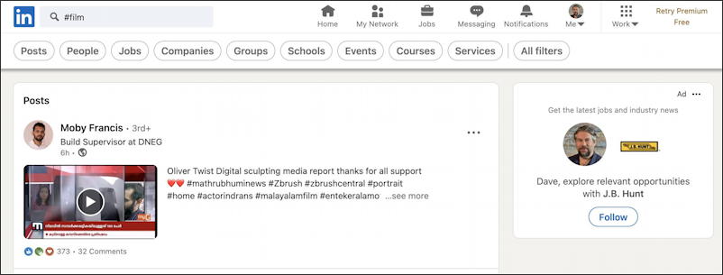 linkedin follow hashtag - search for #film