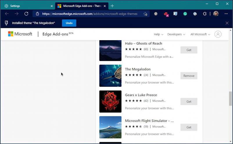 microsoft edge windows - the megalodon theme installed