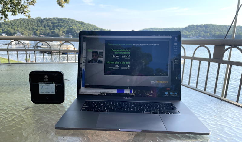 at&t netgear nighthawk 5g hotspot pro - in use on table lake house