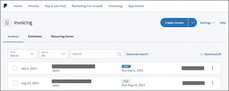 paypal invoices summary overview page