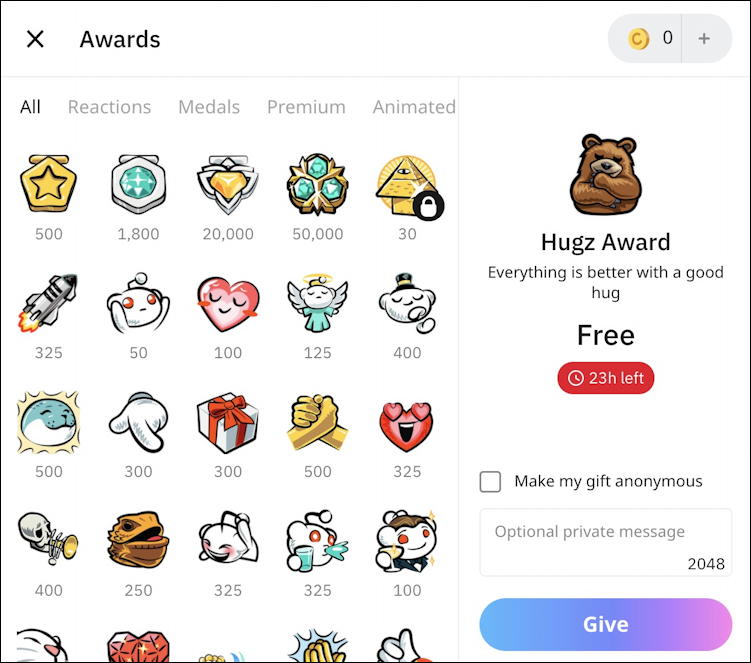 how reddit coins awards work - granting an award