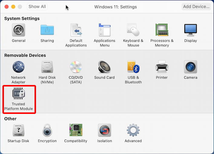 vmware fusion - install windows 11 - settings with tpm 2.0