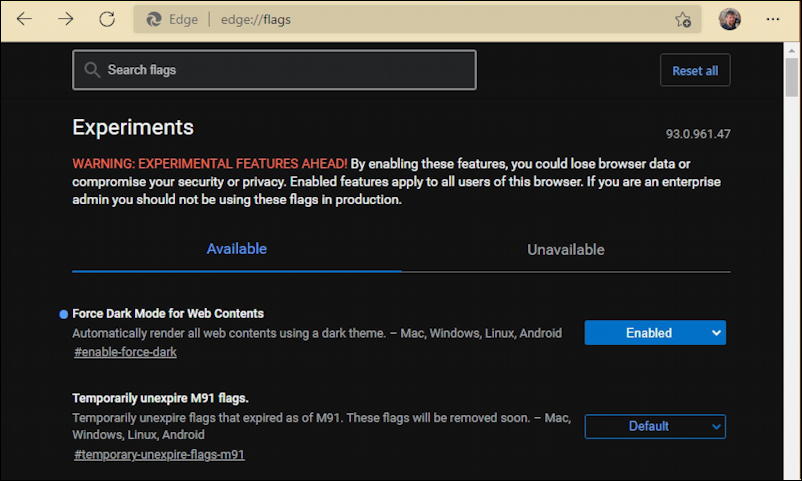 microsoft edge dark mode - black - edge://flags