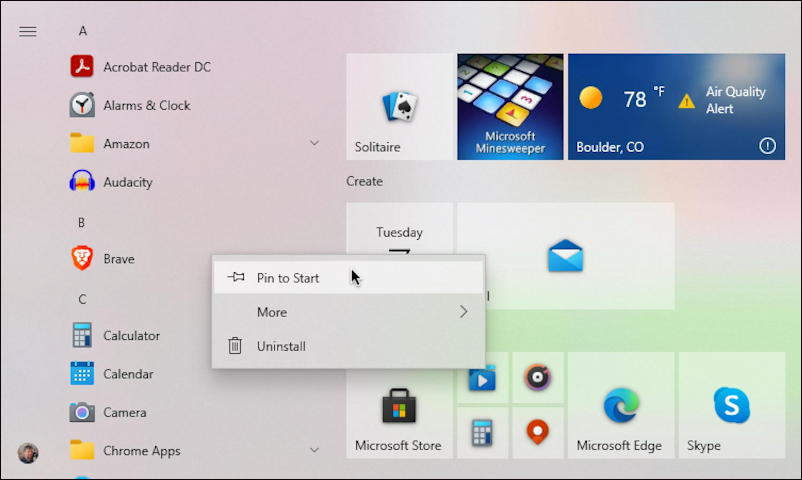 how to pin a program to start menu windows 10