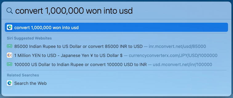 mac spotlight - convert currency money dollars exchange rate