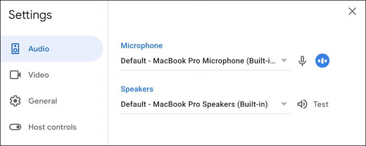 google meet - audio microphone speaker settings change