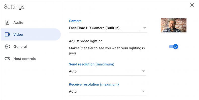google meet - settings - video - camera webcam
