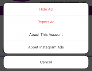 instagram advertisement sponsored post - hide report ad menu
