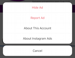 instagram advertisement sponsored post - hide report ad menu