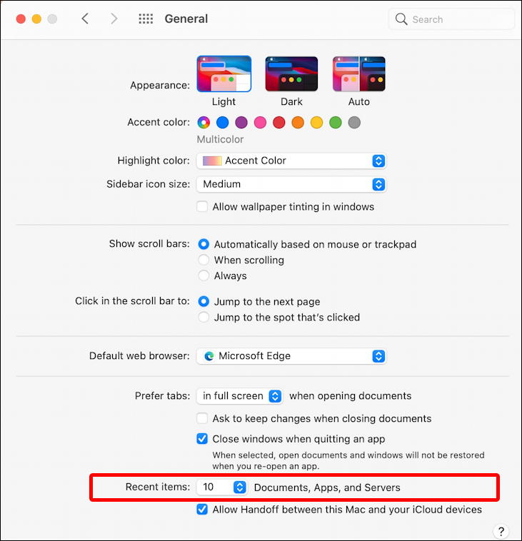macos 11 - system preferences - settings - general - recent items