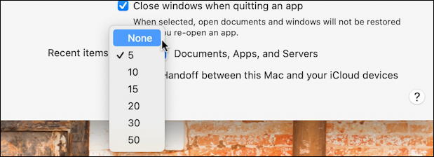 macos 11 - system preferences - settings - general - recent items count number