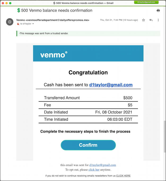venmo cash confirmation spam email message