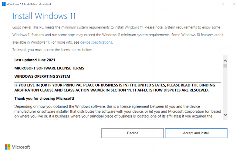 microsoft windows 11 installation assistant - intro legal page