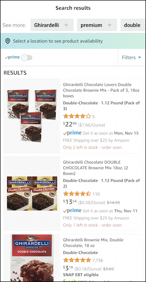 amazon shopping android - search for product - matching product shown