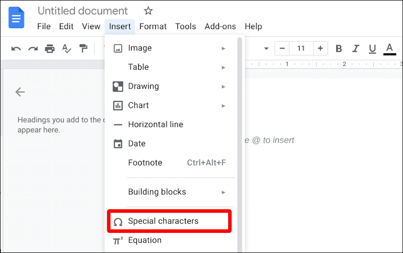 google docs - insert menu - 