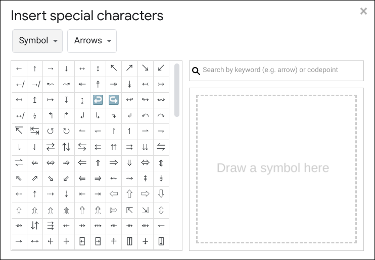 google docs - insert menu - special characters - 