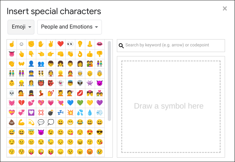 google docs - insert menu - special characters - emoji