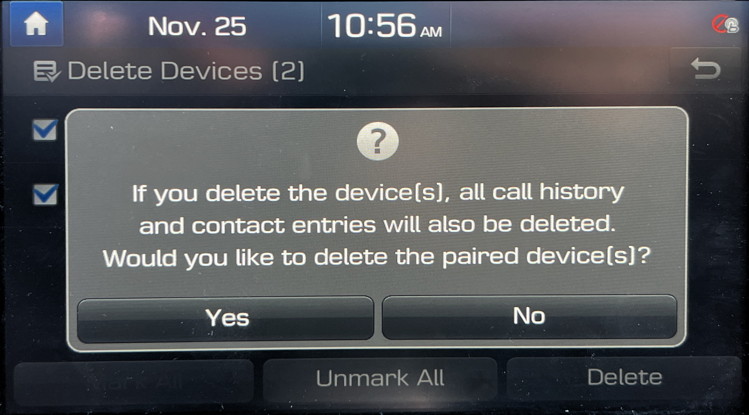 hyundai infotainment system - unpair bluetooth - confirm deletion