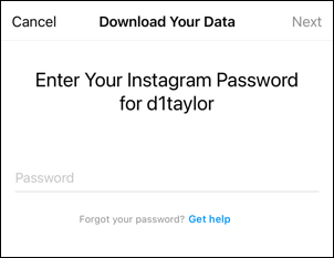 instagram for mobile iphone - request download - enter password