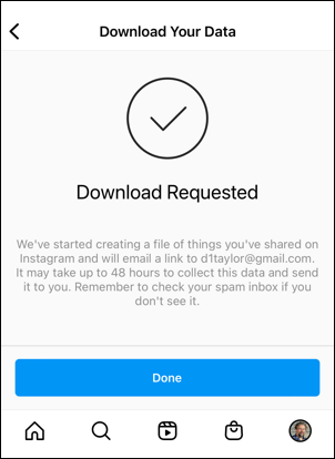 instagram for mobile iphone - account photos archive download request received