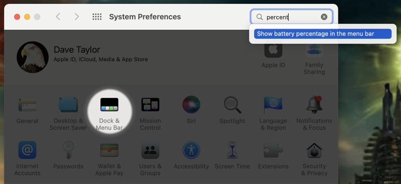 macos 12 - battery status on menu bar - search for battery percentage setting preference enable