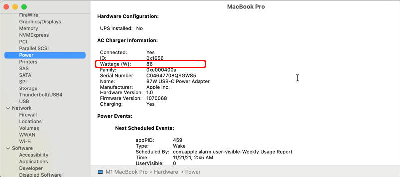 macos 12 - system report - power - charger power level