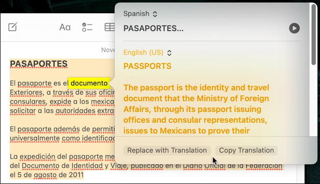 macos 12 monterey - built-in language translation - translated spanish english