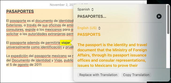 macos 12 monterey - built-in language translation - translated spanish english