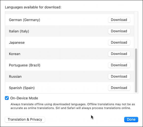 macos 12 monterey - built-in language translation - translation languages settings preferences