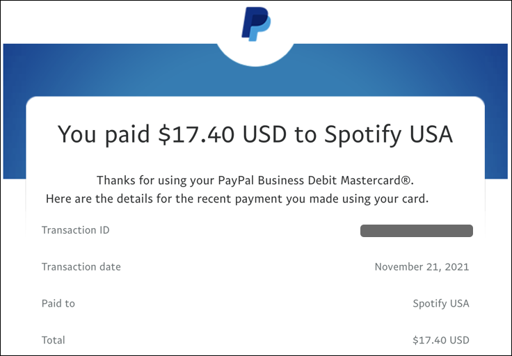 paypal receipt for spotify subscription cost charge fee
