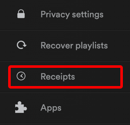 spotify web interface - account menu - receipts